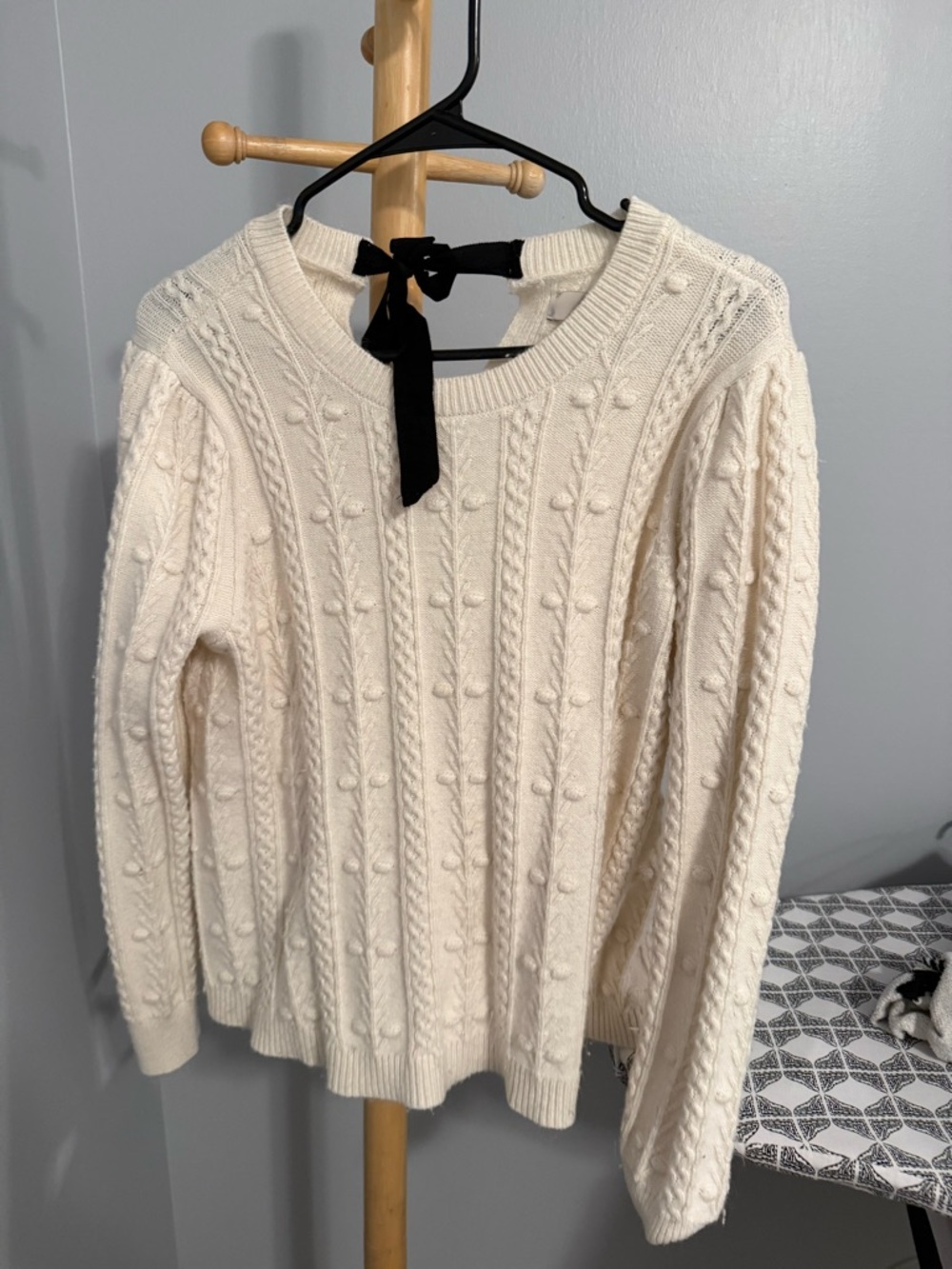 LOFT Cream Cable Knit Sweater with Black Back Tie
